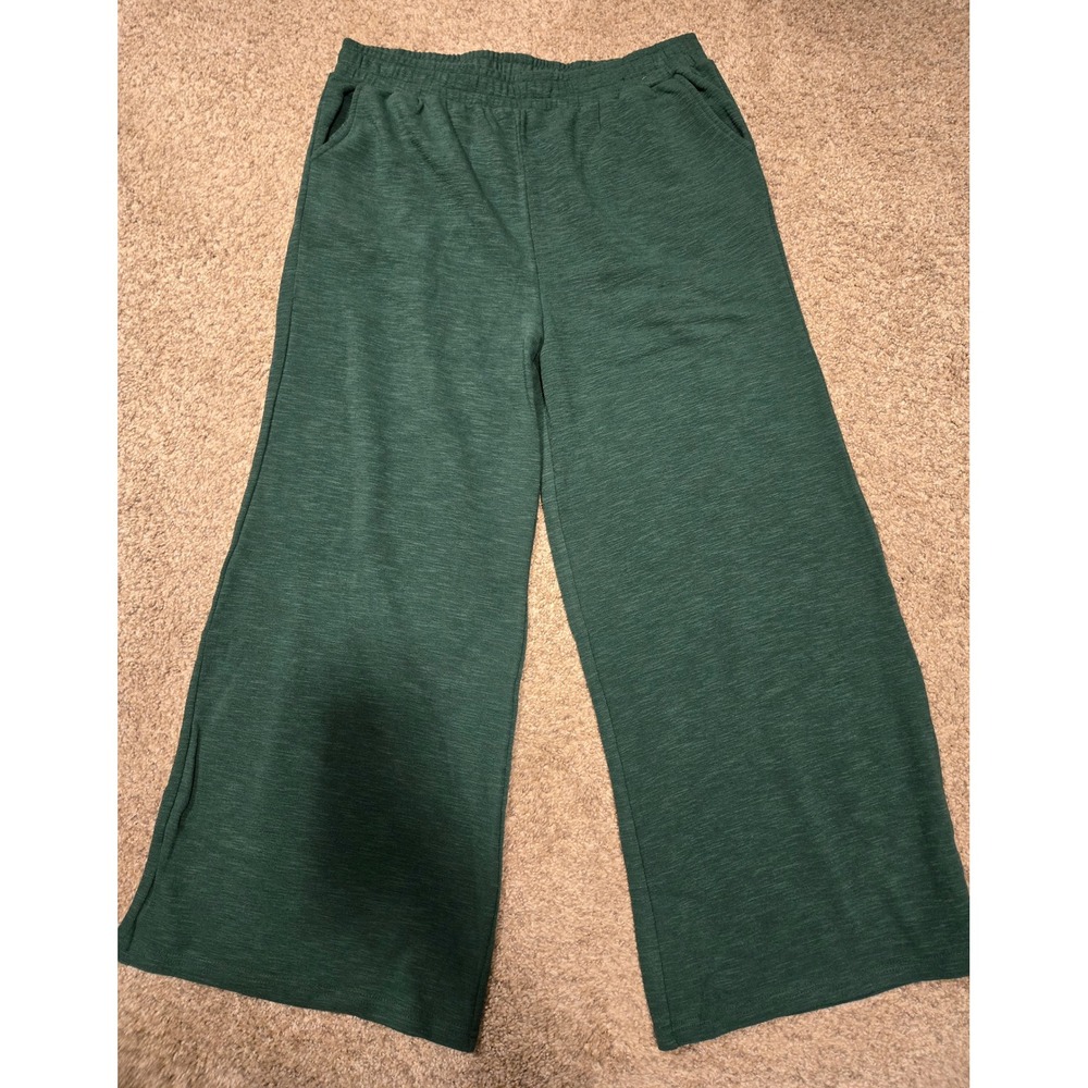 Zenana Women 2X Green Wide Leg Lounge Pants Elastic Waist Pockets Marled Knit
